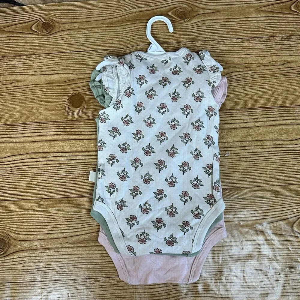 RABBIT+BEAR  Organic Cotton 6-9M Green Floral Pink One Piece Body Suit‎